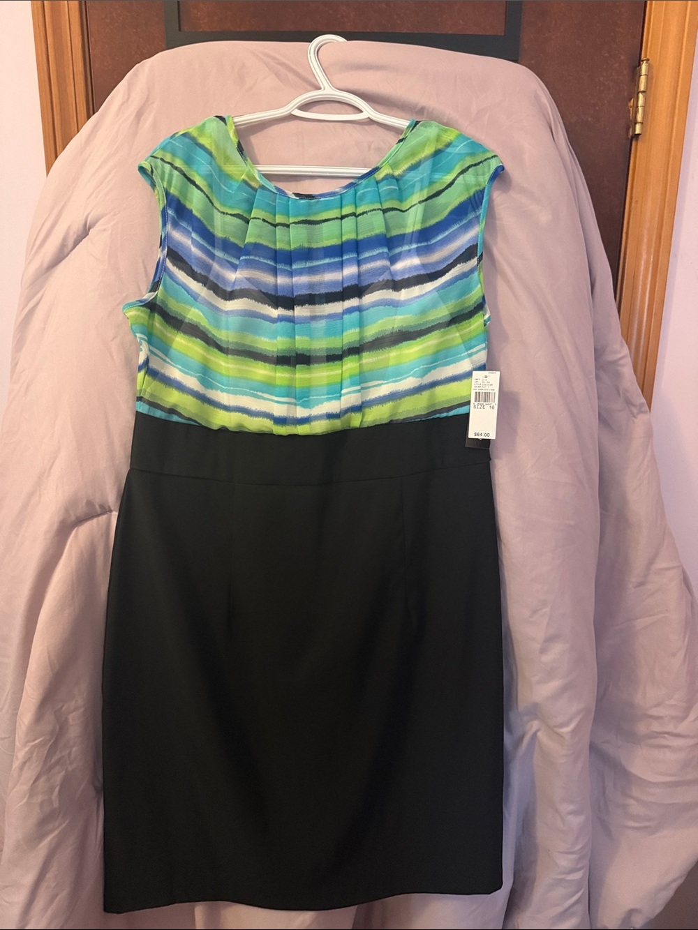 AB Studio Green and Blue Striped Bodice Black Sheath Dress